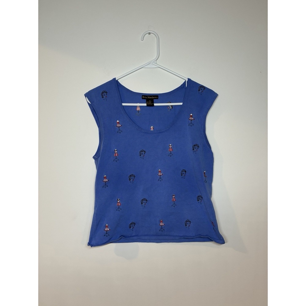 Erin Matthews Size M Royal Blue Embroidered Decorative Sleeveless Tank
